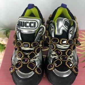 Authentic Gucci Flashtrek crystal-embellished metallic sneakers
